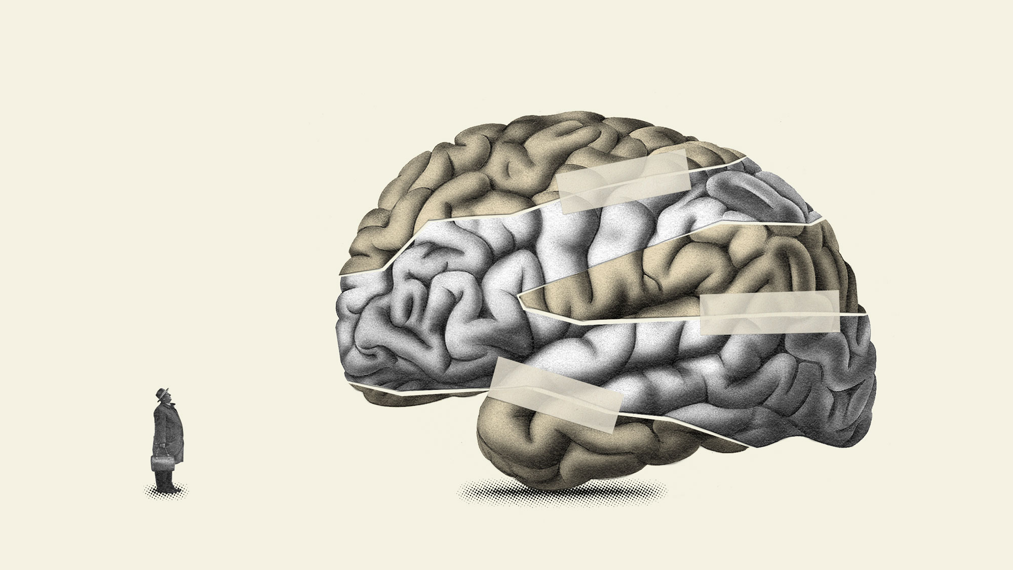 Illustration by Ricardo Tomás of man looking at brain