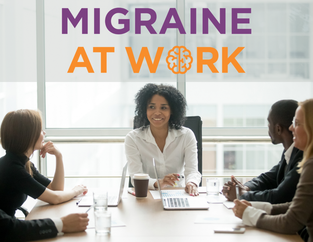 Four employees sit around a desk under Migraine at Work logo